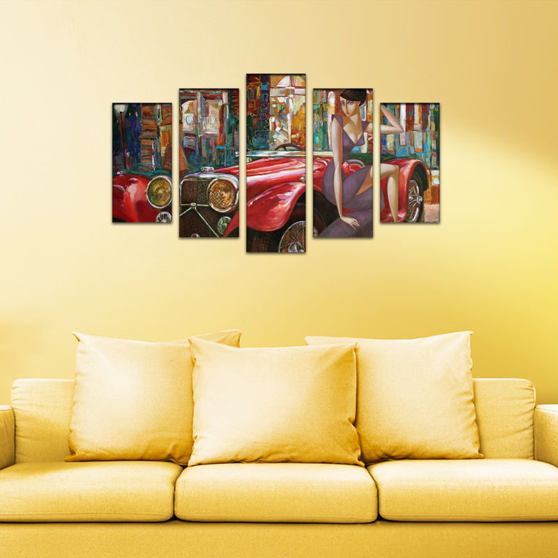 Girl With Car Abstract Wood Framed Canvas Wall Painting- With 5 Frames