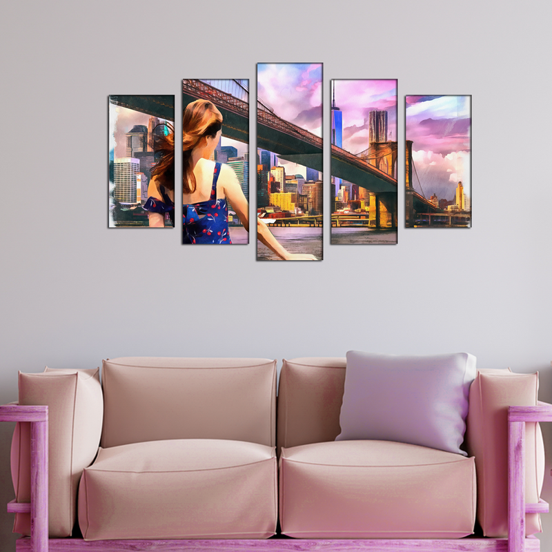 Girl Standing Into Brooklyn Bridge Canvas Wall Painting- With 5 Frames