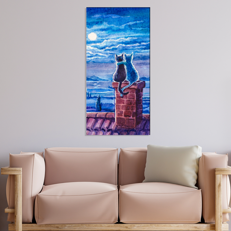 Cats Sitting On Roof Under Moonlight Canvas Wall Painting