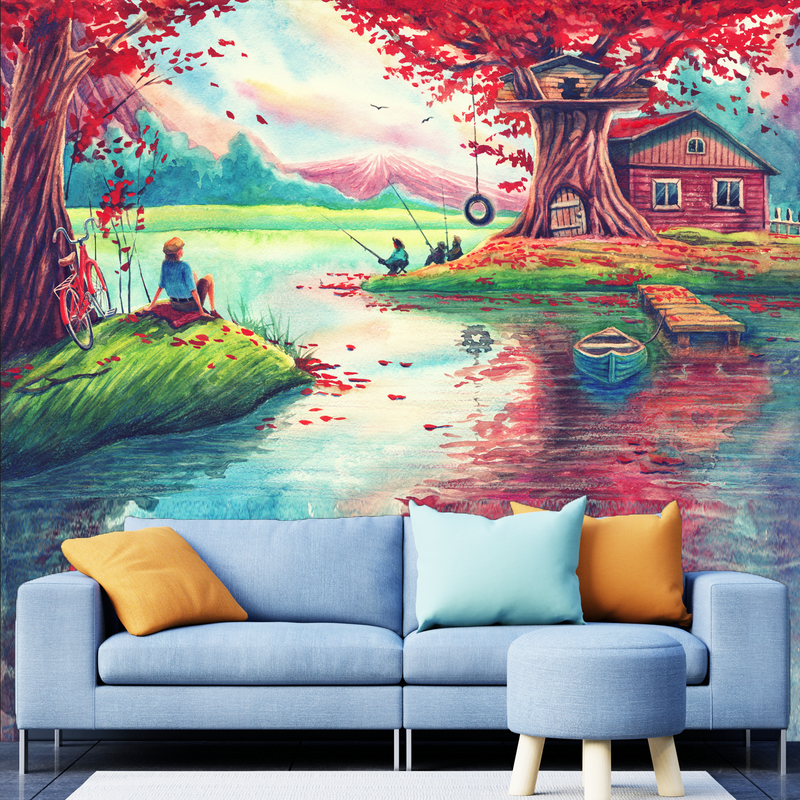 Oil Painting Village Scenery Digitally Printed Wallpaper