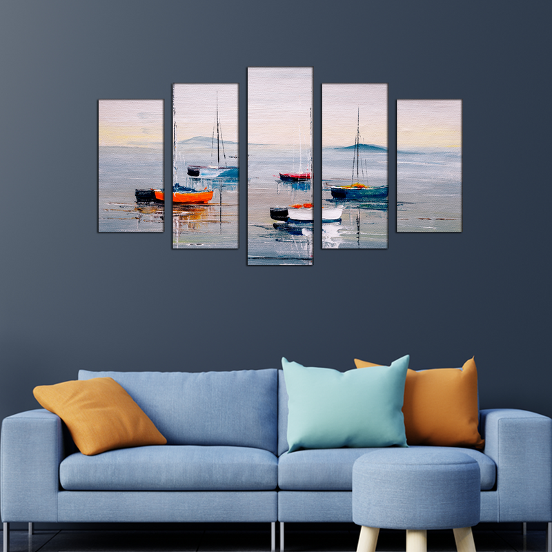 Acrylic Color Boat Abstract Canvas Wall Painting- With 5 Frames