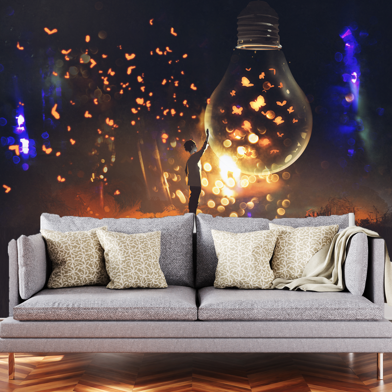 Man With Glowing Big Bulb Digitally Printed Wallpaper