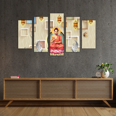 Buddha On Lotus With Swans Canvas Wall Painting- With 5 Frames
