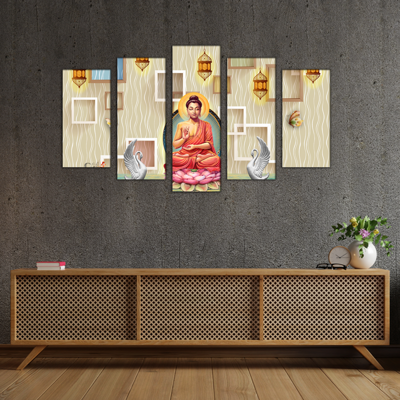 Buddha On Lotus With Swans Canvas Wall Painting- With 5 Frames