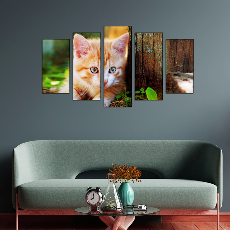Cute Cat Canvas Wall Painting- With 5 Frames