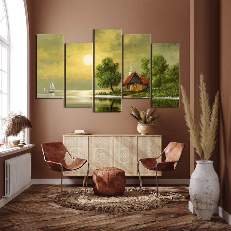 Beautiful Sunset In Village Canvas Wall Painting- With 5 Frames