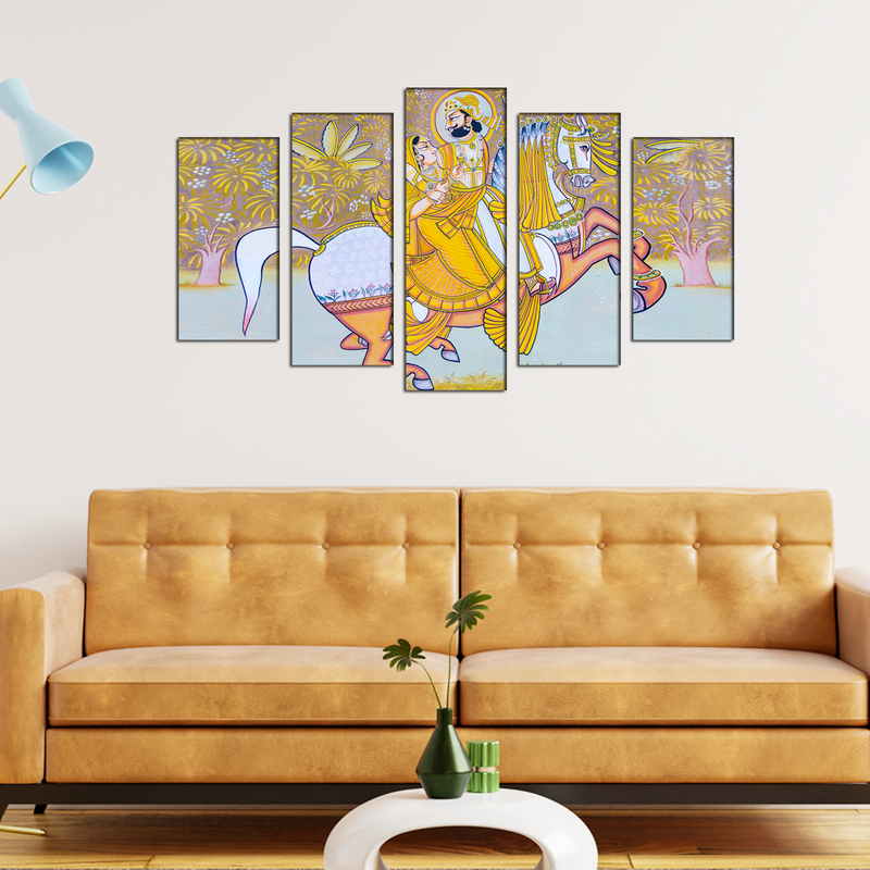 King and Queen Riding Horse Canvas Wall Painting- With 5 Frames