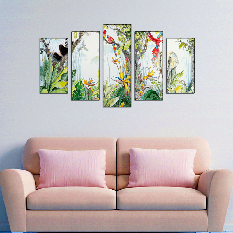 Animals & Bird In Forest Canvas Wall Painting- With 5 Frames