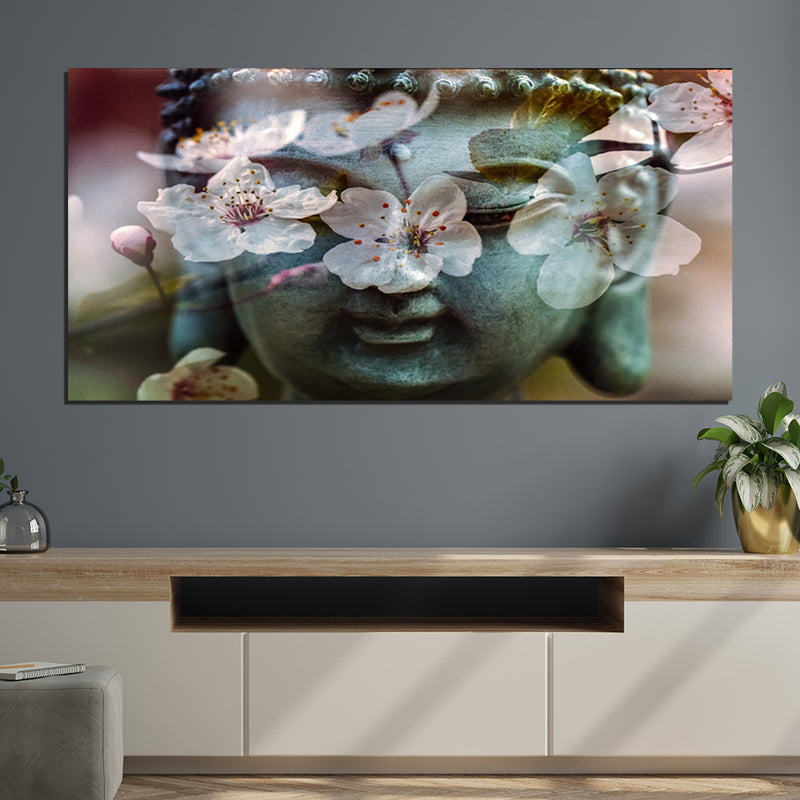 Buddha Face With White Flower Canvas Wall Painting