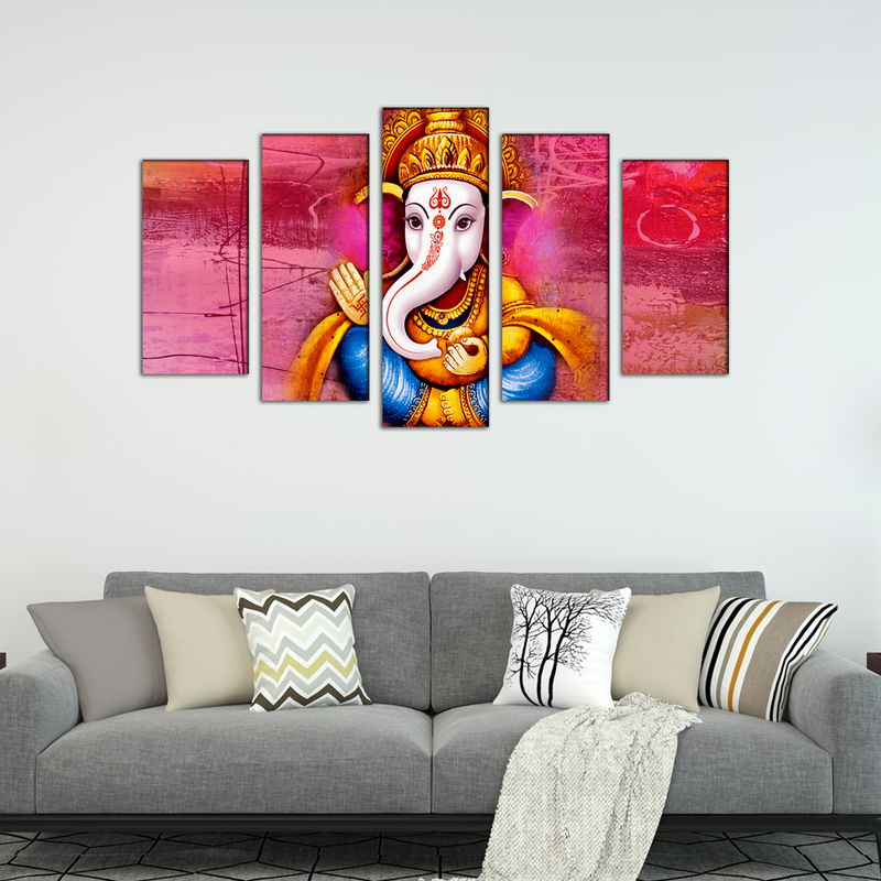 Lord Ganesha With Red Background Canvas Wall Painting- With 5 Frames
