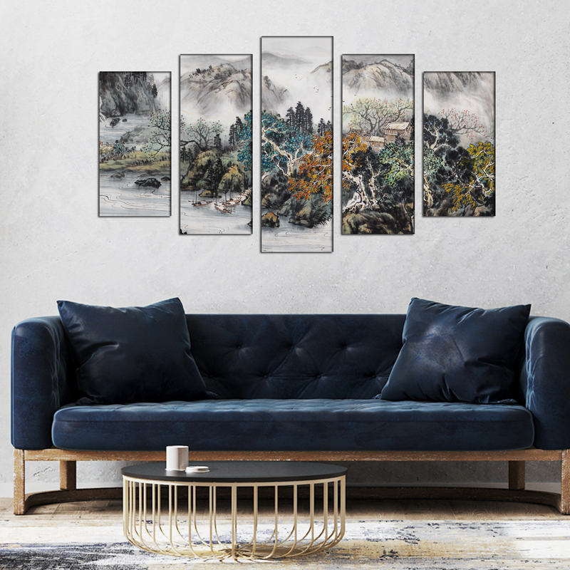 Mountain And Water Abstract Art Canvas Wall Painting- With 5 Frames