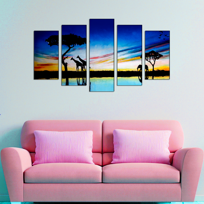 Elephants & Giraffes Oil painting Canvas Wall Painting- With 5 Frames