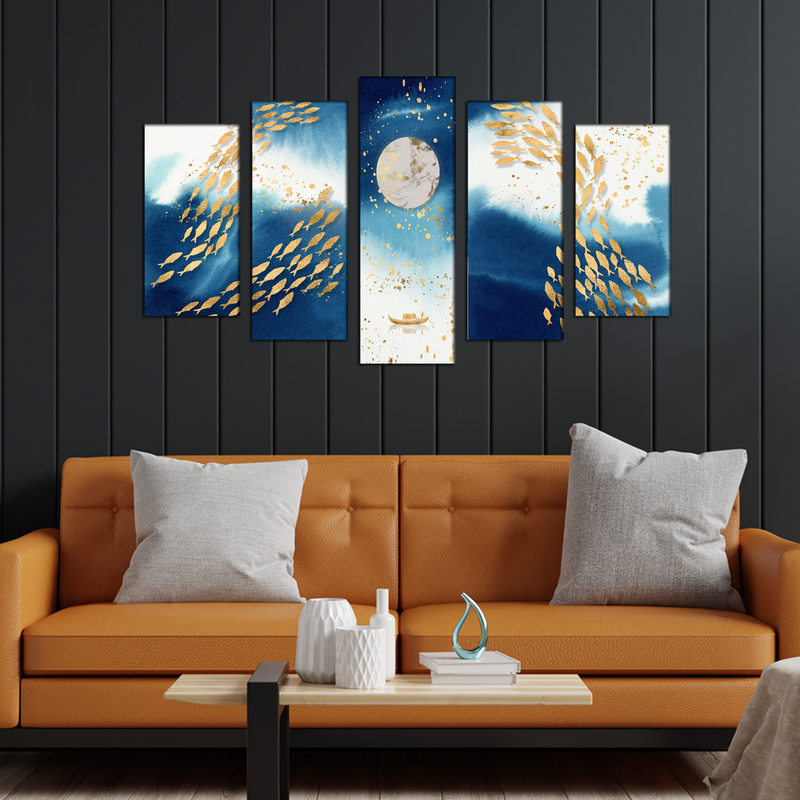 Looife Blue and Gold Fish Canvas Wall Painting- With 5 Frames