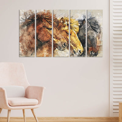 Colorful Three Horses Canvas Wall Painting - With 5 Panel