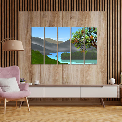 Mountain & River Scenery Canvas Wall Painting - With 5 Panel