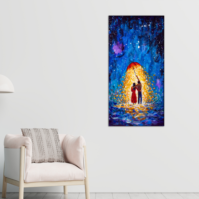 Couple Walk Under Glowing Umbrella Illustration Canvas Wall Painting