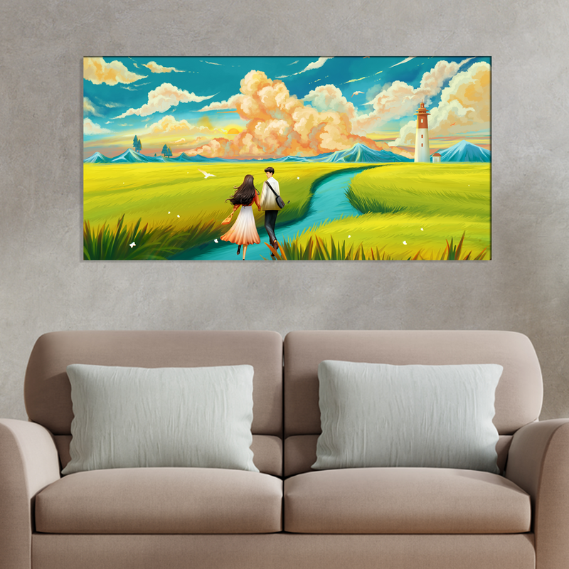 Lovers are running in a wheat field Canvas Print Wall Painting