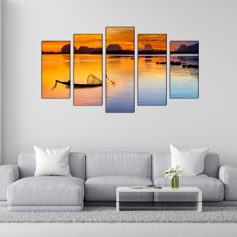 Boat Sunrise Canvas Wall Painting- With 5 Frames