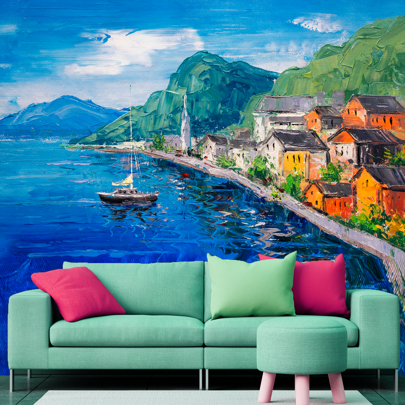 Mountains Near Blue Lake Artistic Scenery Digitally Printed Wallpaper