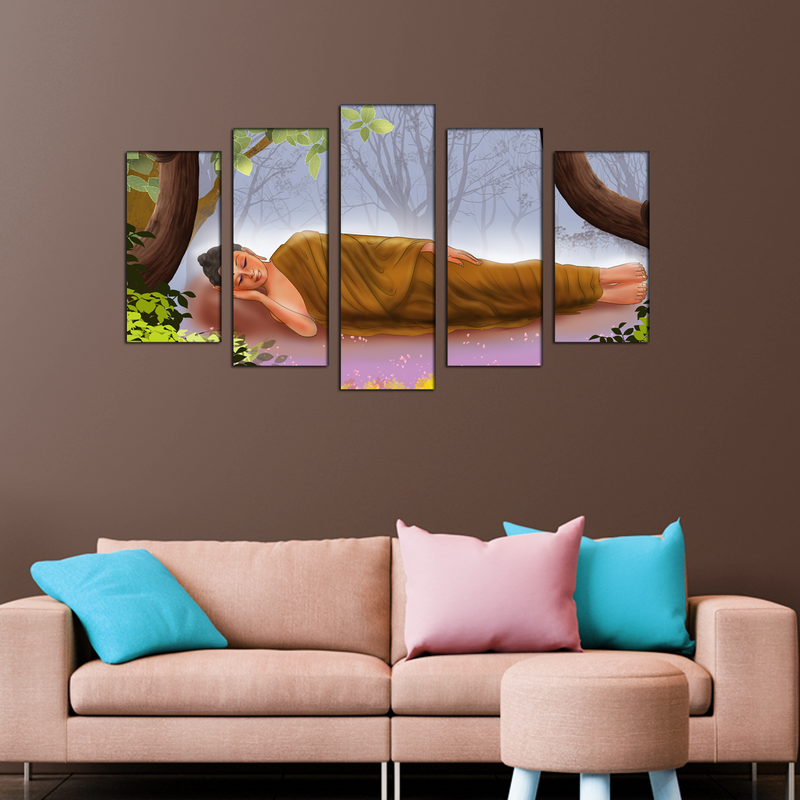 Gautama Buddha While Sleeping Illustration Canvas Wall Painting- With 5 Frames
