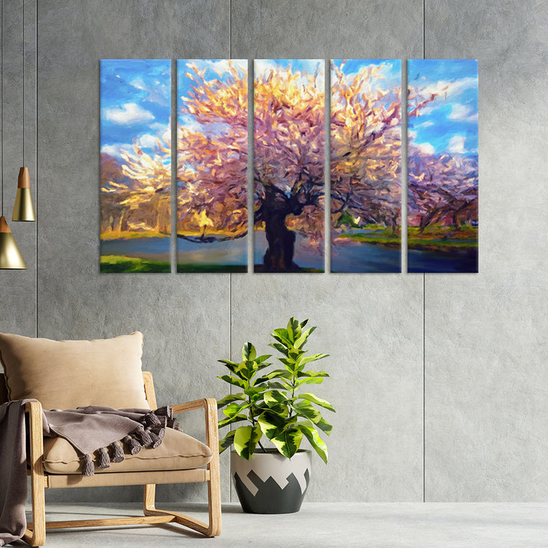 Abstract Colorful Rainbow Tree Canvas Wall Painting - With 5 Panel