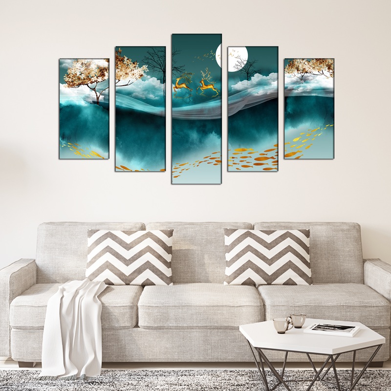 Deer And Moon Canvas Wall Painting- With 5 Frames