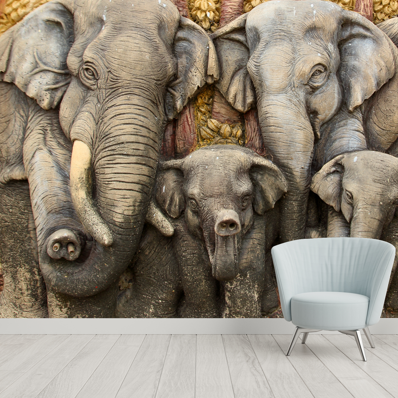 Elephant With Family Digitally Printed Wallpaper