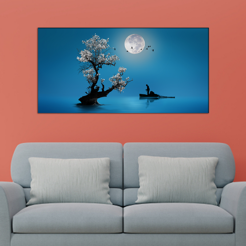 Fishing Under The Moon Light Canvas Wall Painting