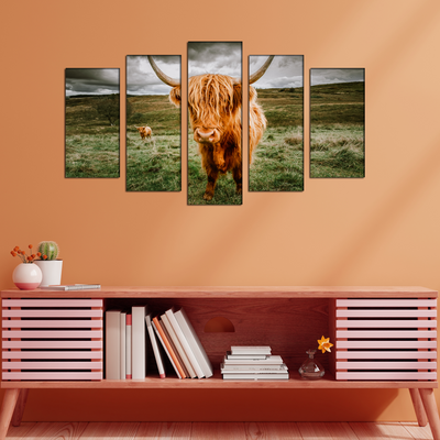 Highland Cattle With Scenic Canvas Wall Painting- With 5 Frames