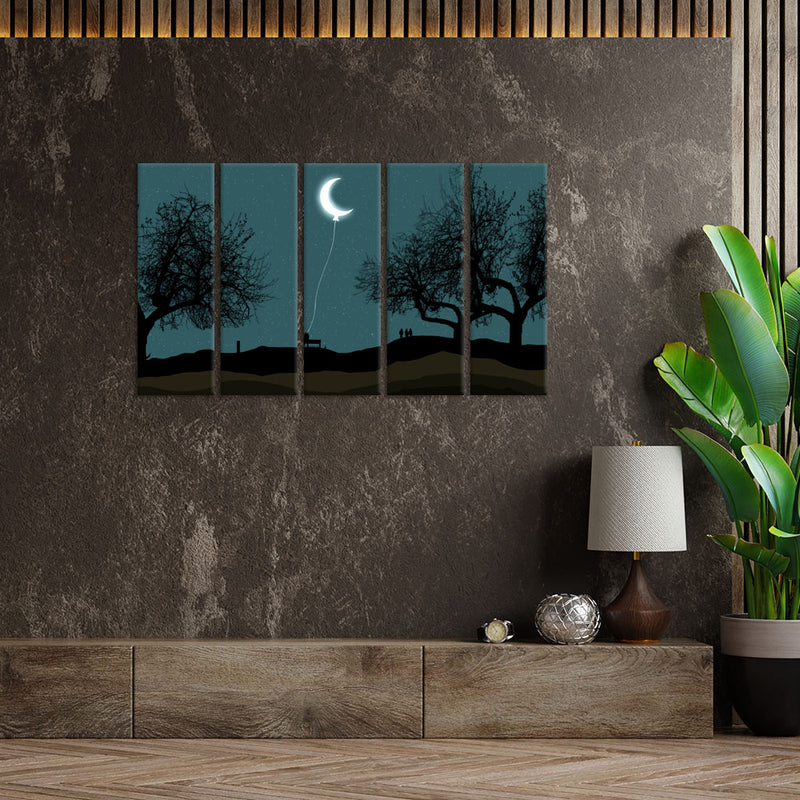 Moon Hanging With Rope Night Scenery Canvas Wall Painting - With 5 Panel