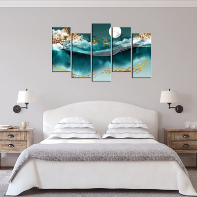 Deer and Moon Canvas Panel Wall Painting - 5 Frames