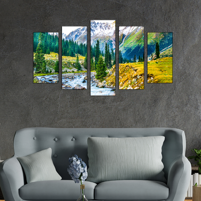 Mountain Tree & Water Scenery Canvas Wall Painting- With 5 Frames