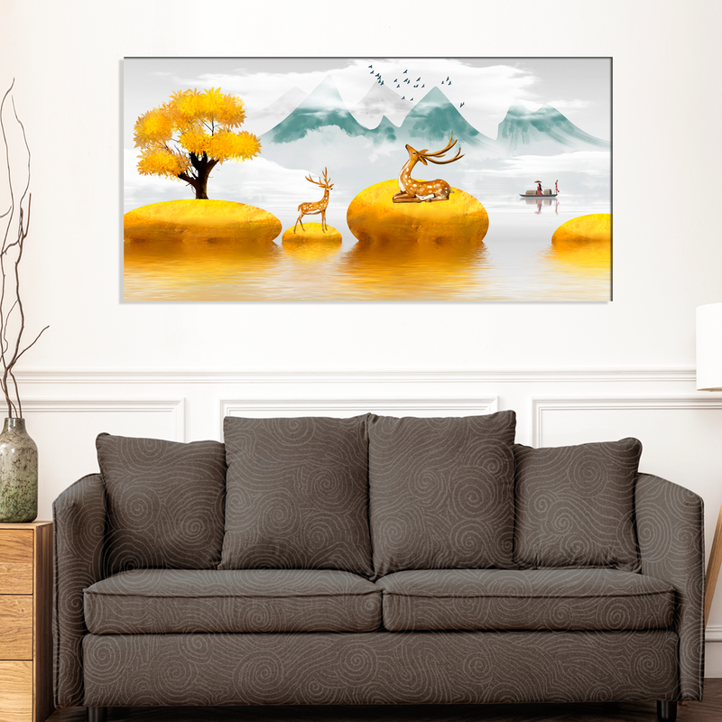 Illustration Of Golden Tree & Deer On River Canvas Wall Painting