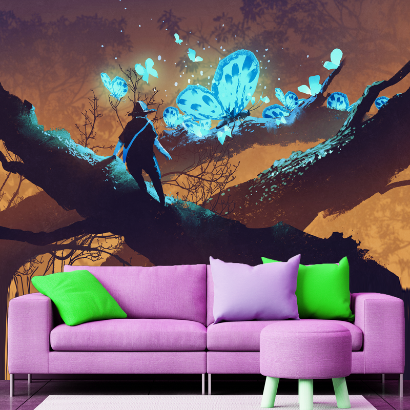 Man looking at Blue Butterflies Digitally Printed Wallpaper