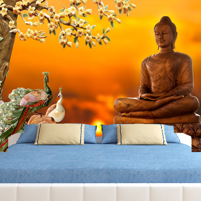 Buddha With Birds Digitally Printed Wallpaper