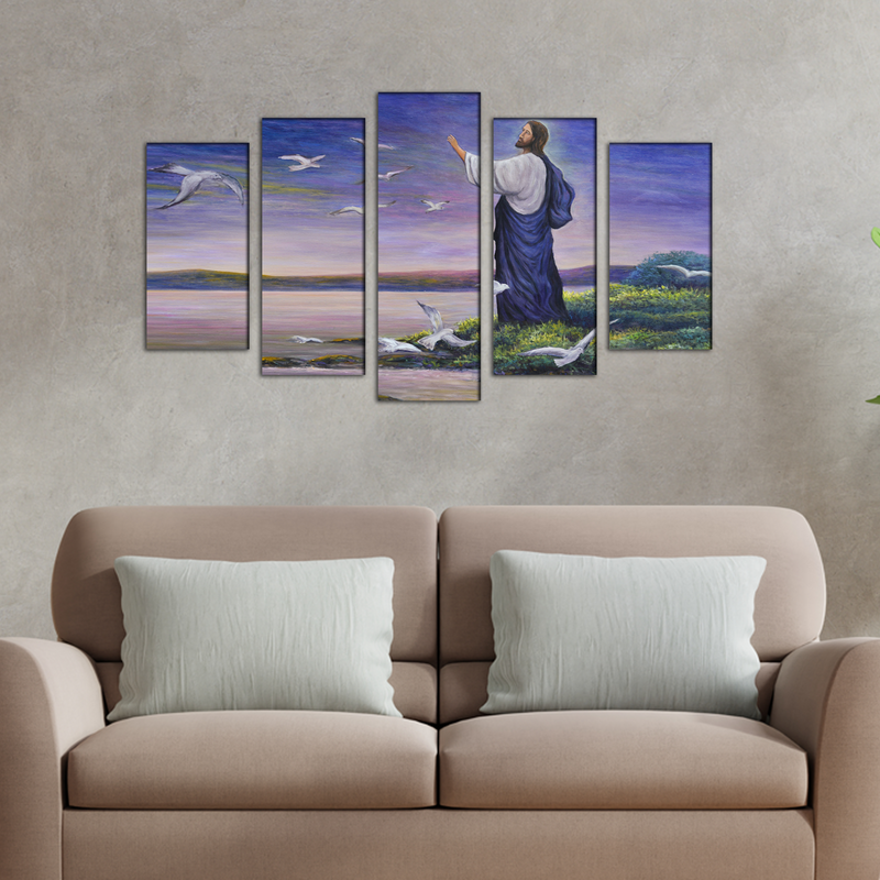 Jesus with Birds Canvas Wall Painting- With 5 Frames