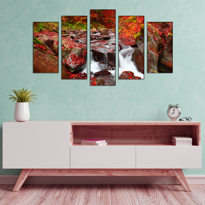 Autumn Waterfall Scenery Canvas Wall Painting- With 5 Frames