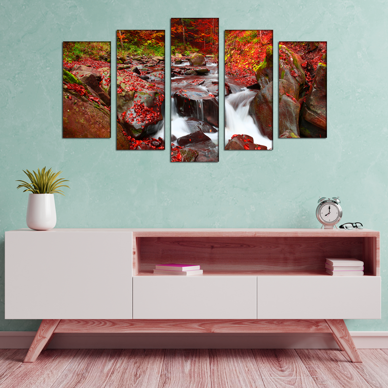 Autumn Waterfall Scenery Canvas Wall Painting- With 5 Frames