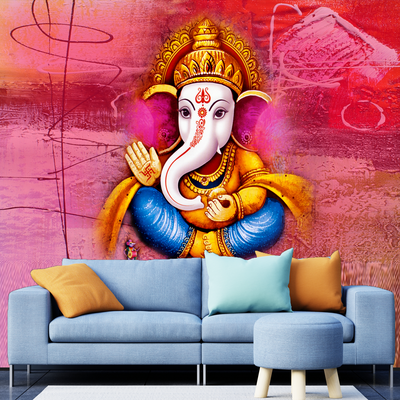 Lord Ganesha With Red Background Digitally Printed Wallpaper