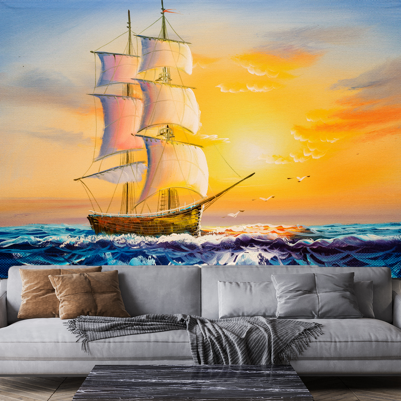 Boat at Sunset Digitally Printed Wallpaper