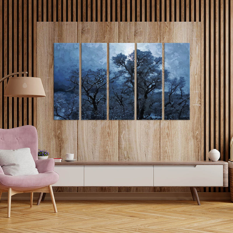 Blue Tree Canvas Wall Painting - With 5 Panel