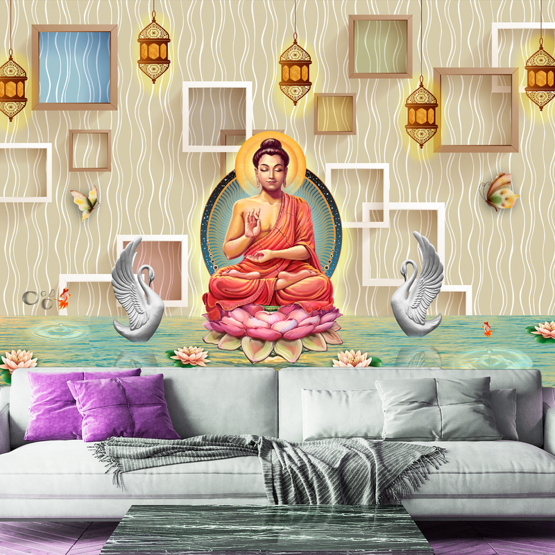 Buddha On Lotus With Swans Painting Non Ovens Wallpapers