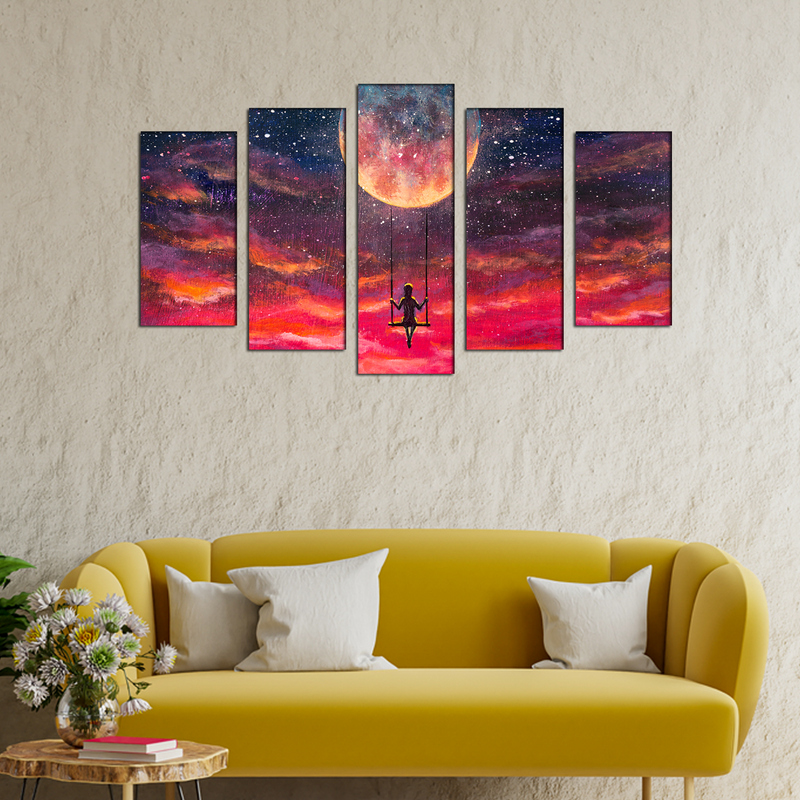 Red Sky With Moon Canvas Wall Painting- With 5 Frames
