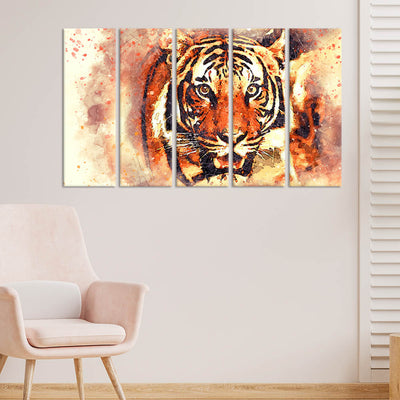 Abstract Tiger Face Canvas Wall Painting - With 5 Panel