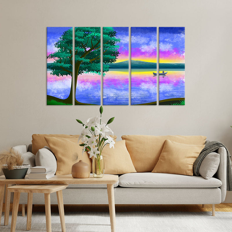 Abstract River Scenery View Canvas Wall Painting - With 5 Panel
