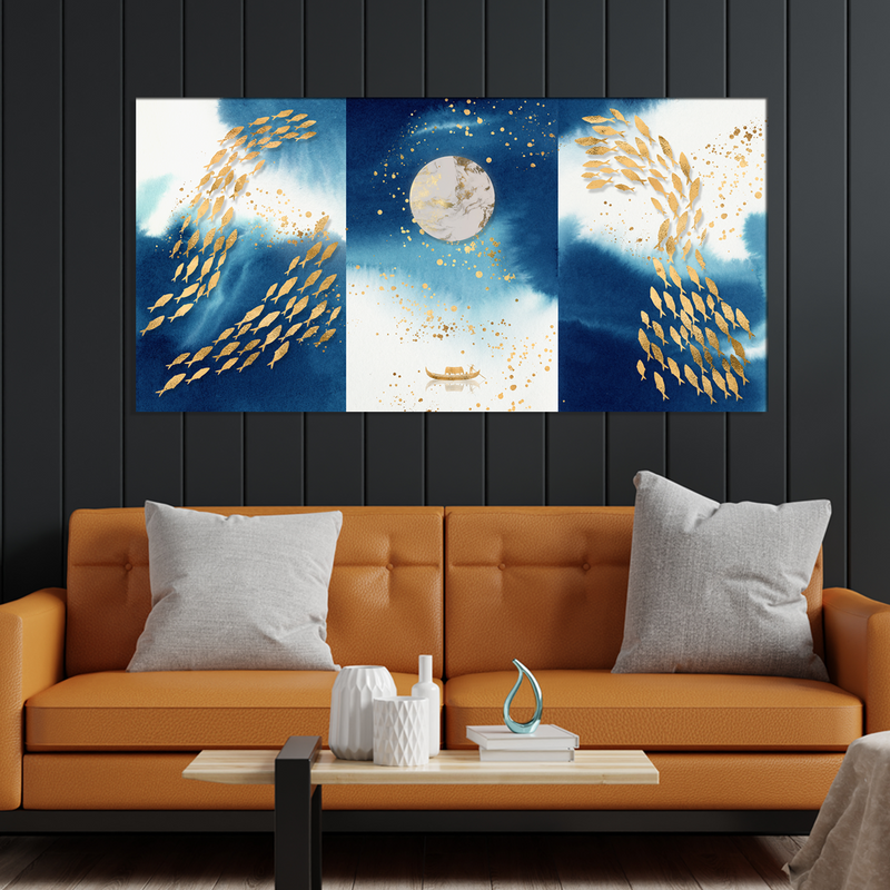 Looife Blue and Gold Fish Canvas Wall Painting