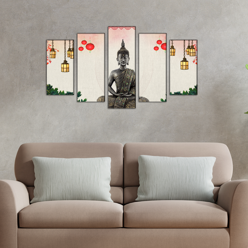 Buddha With Decorative Background Wood Framed Canvas Wall Painting- With 5 Frames