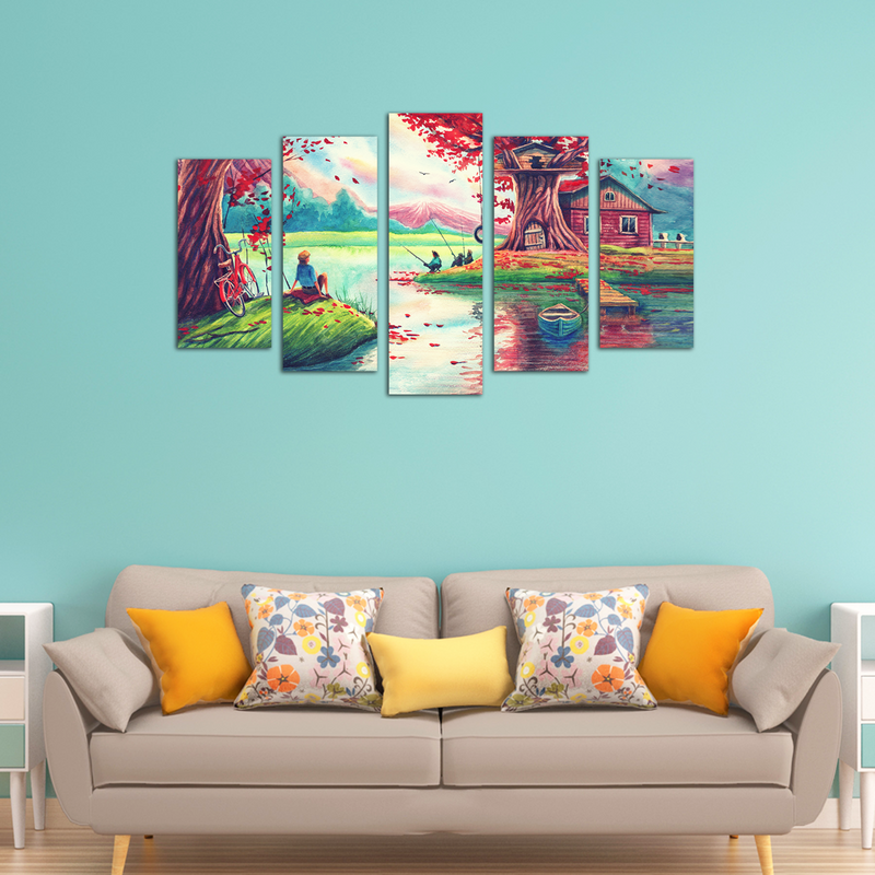 Oil Painting Village Scenery Canvas Wall Painting- With 5 Frames
