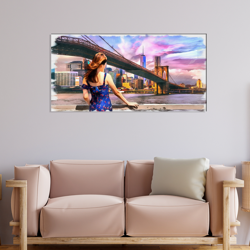 Girl Standing Into Brooklyn Bridge Canvas Wall Painting