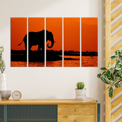 Elephant During Sunset Canvas Wall Painting - With 5 Panel